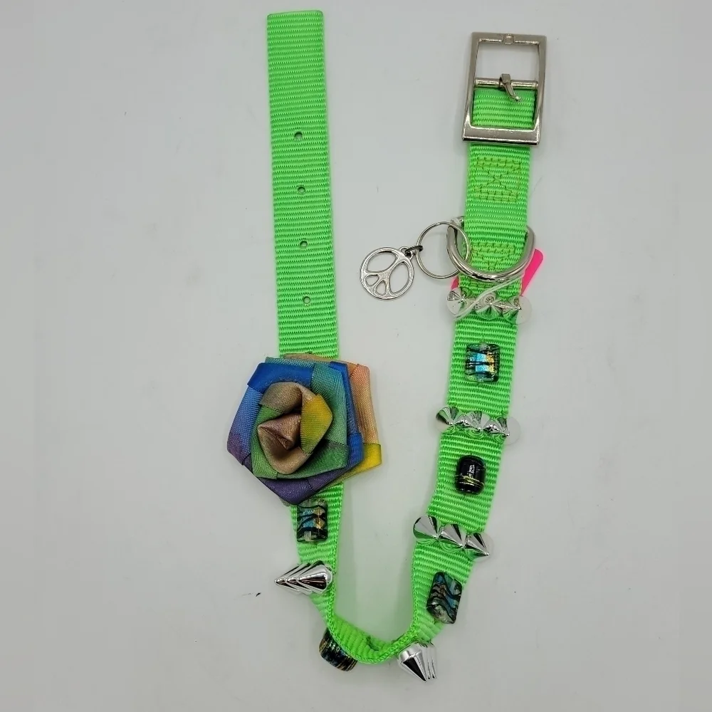 Dog Collar PSYCHEDELIC Neon Green Flower Bow Gems And Stones
